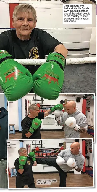  ?? ?? Jean training with Jamie Fearn
Jean Baldwin, who trains at Martial Sports Gym in Swadlincot­e, is one of the oldest people in the country to have achieved a black belt in kickboxing
