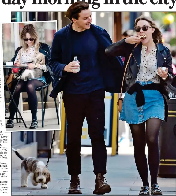  ??  ?? LEADING ROLL: The actress stops at a cafe, inset, but eats her bagel breakfast on the go as she, Jack and Fran stroll through the streets of West London