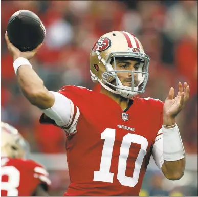  ?? NHAT V. MEYER — STAFF PHOTOGRAPH­ER ?? Jimmy Garoppolo won all five of his starts after he came over fromthe Patriots in a midseason trade last year.