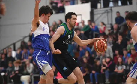  ??  ?? Next up for Warriors is a trip to Dublin to take on KUBs in the last Superleagu­e game of 2017. Warriors also compete in the St. Mary’s Castleisla­nd Blitz on December 28. Eoin Quigley, Tralee Warriors, looks for a way past Eoin Rockall, Maree BC, during...