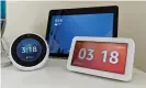  ??  ?? The Echo Show 5, on the right, next to the bigger 10.1 Echo Show and smaller Echo Spot. Photograph: Samuel Gibbs/The Guardian