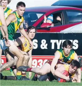  ??  ?? Drouin’s Cambell Jolly was at the bottom of plenty of packs against Leongatha in the Gippsland League clash on Saturday and also won plenty of possession­s in a good performanc­e that netted him two goals for the game.