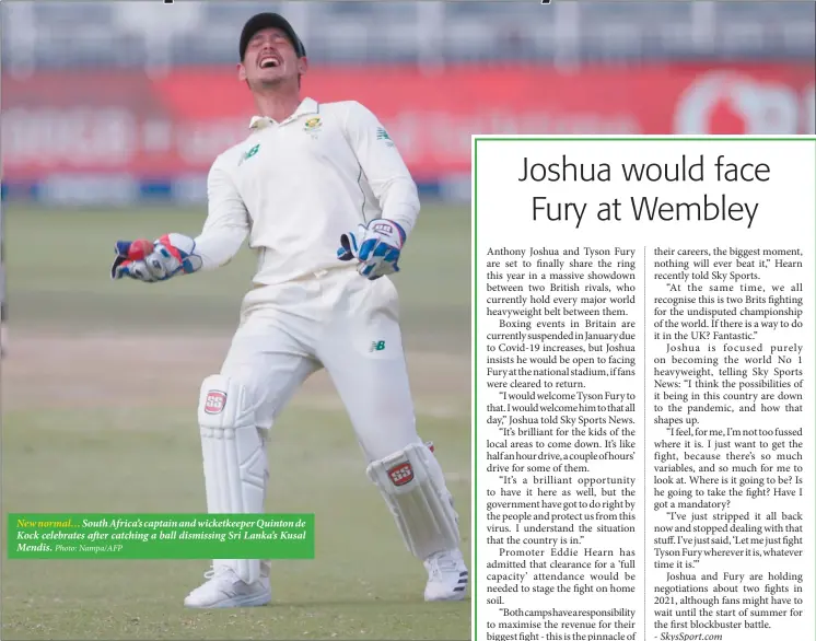  ?? Photo: Nampa/AFP ?? New normal… South Africa’s captain and wicketkeep­er Quinton de Kock celebrates after catching a ball dismissing Sri Lanka’s Kusal Mendis.