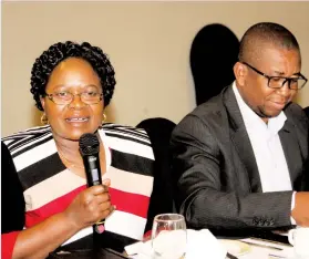  ??  ?? Auditor General Mildred Chiri (left) gives her remarks at a breakfast meeting to mark Global Ethics Day that was organised by ACCA Zimbabwe and following proceeding­s is Secretary for Public Accountant­s and Auditors Board Admire Ndurunduru