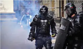  ??  ?? Riot police in Pasto, Nariño, Colombia, on Wednesday. Photograph: Camilo Erasso/LongVisual/Zuma Wire/Rex/Shuttersto­ck