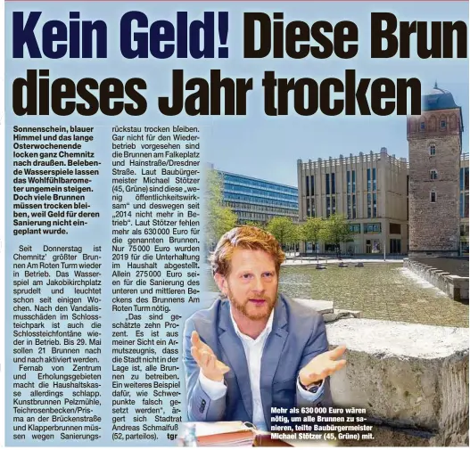  ??  ?? Mehr als 630 000 Euro wären nötig, um alle Brunnen zu sanieren, teilte Baubürgerm­eister Michael Stötzer (45, Grüne) mit.