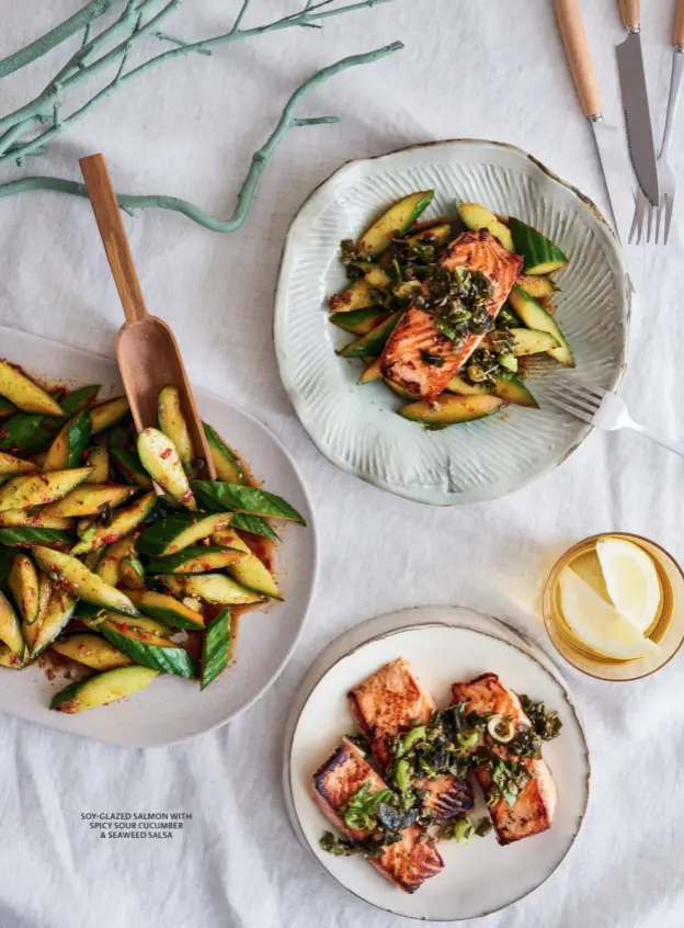  ??  ?? SOY-GLAZED SALMON WITH SPICY SOUR CUCUMBER & SEAWEED SALSA