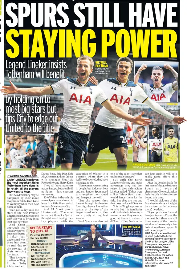  ??  ?? Kane and Alli can have more to celebrate FIRED UP Alderweire­ld ready for big season A ROSEY OUTLOOK Dier, Rose and Lloris will be out to ensure Spurs are solid again THE TOP TABLE Lineker reckons City will be sitting pretty this season