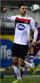  ??  ?? Jordan Flores of Dundalk celebrates after scoring his side’s first goal during the Jim Malone Cup match.