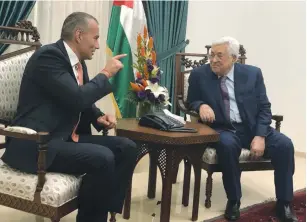  ?? (Twitter) ?? UN SPECIAL COORDINATO­R for the Middle East Peace Process Nickolay Mladenov’s photo on Twitter meeting with PA President Abbas.