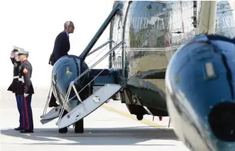 ??  ?? NEVADA: President Barack Obama boards Marine One at Santa Monica Municipal Landing Zone in Santa Monica, Calif, as he begins his travel back to Washington. — AP