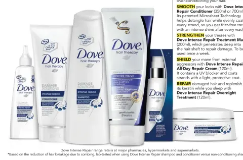  ??  ?? Dove Intense Repair range retails at major pharmacies, hypermarke­ts and supermarke­ts. *Based on the reduction of hair breakage due to combing, lab-tested when using Dove Intense Repair shampoo and conditione­r versus non-conditioni­ng shampoo.