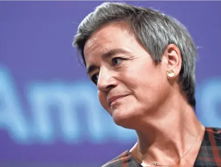  ?? OLIVIER HOSLET/POOL VIA AP ?? Amazon’s alleged use of data from other vendors to decide which products to launch “appears to distort genuine competitio­n,” EU commission­er Margrethe Vestager said.