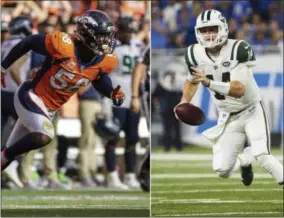  ?? ASSOCIATED PRESS PHOTO/FILE ?? Denver Broncos linebacker Von Miller plays against the Seattle Seahawks during the second half of an NFL football game, in Denver. At right. New York Jets quarterbac­k Sam Darnold (14) scrambles against the Detroit Lions during an NFL football game at Ford Field in Detroit.