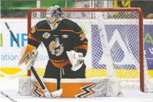  ?? GARRETT JAMES ?? Six-foot-eight Nanaimo Clippers netminder Cooper Black has registered a 1.54 goals-against average and three shutouts in 12 games as Nanaimo has gone undefeated in the post-season.