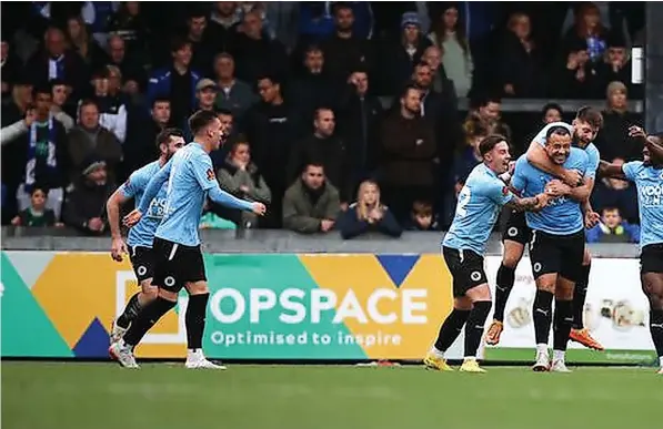  ?? ?? Boreham Wood players celebrate after David Stephens put them 2-0 up against Bristol Rovers at the Memorial Stadium