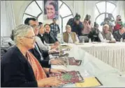  ?? MOHD ZAKIR/HT ?? Former Delhi CM Sheila Dikshit, Delhi Congress chief Ajay Maken and other senior leaders at a party meeting on Monday.