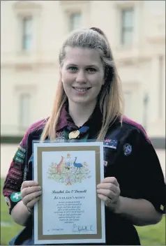  ??  ?? HIGH ACHIEVER: Raechel O’donnell was presented with a Queen’s Scout Award at a ceremony at Government House.