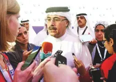  ?? Abdul Rahman/Gulf News ?? Amin Nasser speaking to reporters after signing an MoU with ■ Adnoc during the opening of Adipec 2018