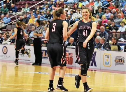 ?? AUSTIN HERTZOG - DIGITAL FIRST MEDIA ?? Lindsay Hillegas (41) smiles with teammate Katie Armstrong upon entering the game in the fourth quarter of Friday’s PIAA 6A final in Hershey.