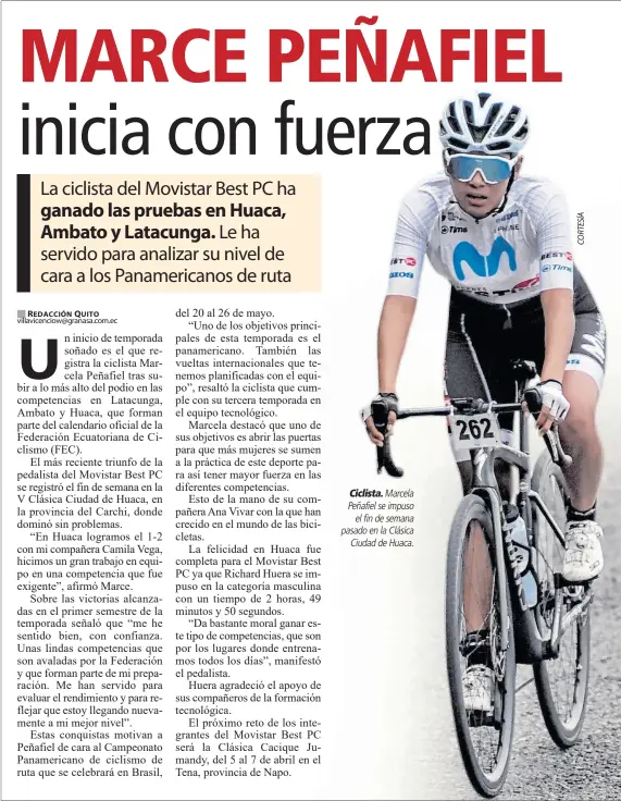  ?? ?? Ciclista. Marcela Peñafiel se impuso el fin de semana pasado en la Clásica Ciudad de Huaca.