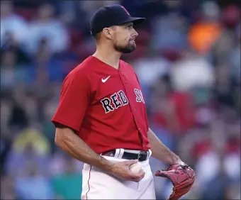  ?? AP FILE ?? ROUGHED UP: Nathan Eovaldi looks toward the outfield with a new baseball after a homer by Houston’s Yordan Alvarez during the second inning of his last start on Tuesday.