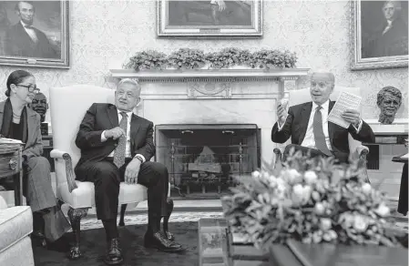  ?? Susan Walsh/Associated Press ?? Mexican President Andrés Manuel López Obrador meets with President Joe Biden on Tuesday in the Oval Office. They agreed to joint actions on improving border infrastruc­ture, promoting clean energy and targeting fentanyl smuggling.