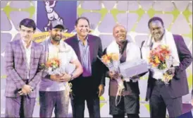  ?? SAMIR JANA/HT ?? (From left) Sourav Ganguly, Rohit Sharma, Mohd Azharuddin, Brian Lara and Carl Hooper at the 2nd Jagmohan Dalmiya Conclave at Eden Gardens on Friday.