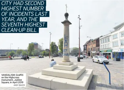  ?? ANDY BAKER ?? VANDALISM: Graffiti on the Highcross monument, Jubilee Square, in April 2019
