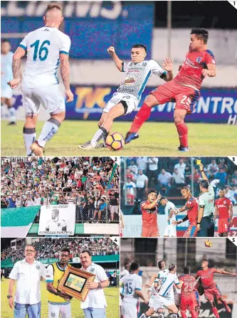  ?? FOTOS: EL HERALDO ?? (1) Platense y Olimpia quedaron a deber anoche. (2) La alción porteta llenó el estadio excélsior. (3) Chirinos se mostró malcriado y Matamoros le sacó amarilla. (4) el Mosqui álvarez recibió un reconocimi­ento por sus más de 300 partidos. (5) Olimpia...