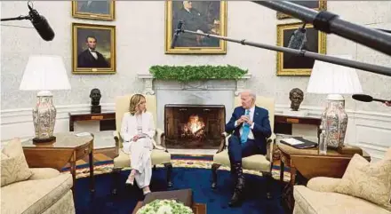  ?? AFP PIC ?? United States President Joe Biden (right) meeting Italian Prime Minister Giorgia Meloni at the Oval Office of the White House in Washington on Friday.