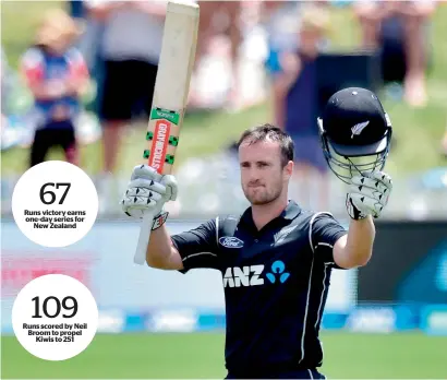  ?? AFP ?? 67 Runs victory earns one-day series for New Zealand 109 Runs scored by Neil Broom to propel Kiwis to 251 Neil Broom celebrates his century during the second ODI against Bangladesh. —