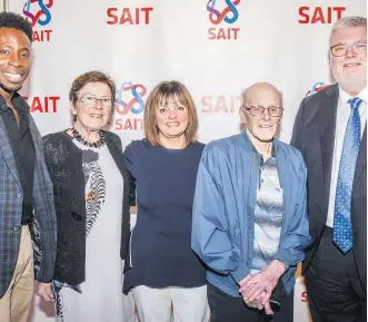  ?? COURTESY OF SAIT ?? From left, electrical student Jesiahh Ahh, Randy O’Dell’s sister Ardis O’Dell and Sherry Payne, a longtime friend, colleague and the executrix of O’Dell’s estate, join Clarence Hollingwor­th, electrical program class of 1934, and Dr. David Ross, SAIT president and CEO, in celebratio­n of the $2 million contributi­on from the estate of Randy O’Dell to help create the Randy O’Dell Centre for Electrical Trades.