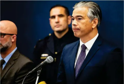  ?? California Attorney General Rob Bonta speaks during a news conference announcing the arrest of -34year-old Dhante Jackson and three others at the Merced Police Department in Merced, California. Tribune News Service ??