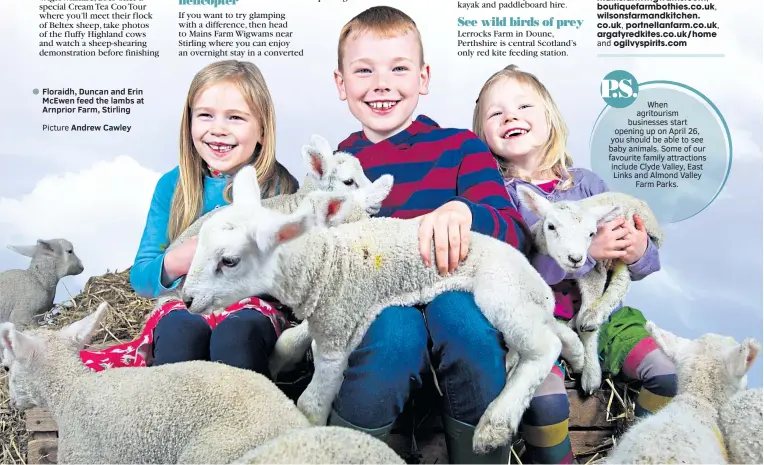  ?? Picture ?? ● Floraidh, Duncan and Erin McEwen feed the lambs at Arnprior Farm, Stirling
Andrew Cawley