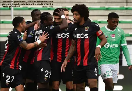  ??  ?? Lees-Melou pour buteur, Dante et Schneiderl­in en aboyeurs, les cadres du Gym ont répondu présent à Geoffroy-Guichard. (Photos AFP)