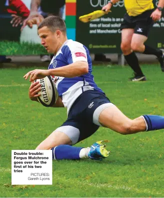  ?? PICTURES: Gareth Lyons ?? Double trouble: Fergus Mulchrone goes over for the first of his two tries