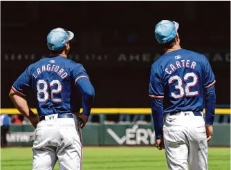  ?? Jeffrey Mcwhorter/associated Press ?? Rookie Wyatt Langford, left, is the latest in a long line of phenoms rushed through Texas’ minor league system. But the Rangers see something special in the 22-year-old outfielder.