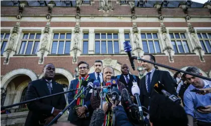  ?? ?? South Africa’s foreign minister, Naledi Pandor, speaks to the media following the ICJ’s ruling.Photograph: Remko de Waal/ANP/AFP/Getty Images