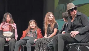  ?? MEAD GRUVER/AP ?? Mena Fuentes, from left, Andre Clarke, Erica Biggs, Oliver Baez and Andrew Haecker rehearse a scene from “The Bullying Collection” in Wheatland, Wyo., on Jan. 10.