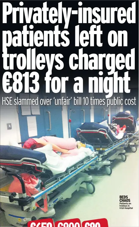  ??  ?? BEDS CHAOS Patients on trolleys in Irish hospital