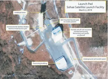  ?? — Reuters photo ?? The Sohae Satellite Launching Station launch pad features what researcher­s of Beyond Parallel, a CSIS project, describe as showing the partially rebuilt rail-mounted rocket transfer structure in a commercial satellite image taken over Tongchang-ri, North Korea on March 2 and released March 5.