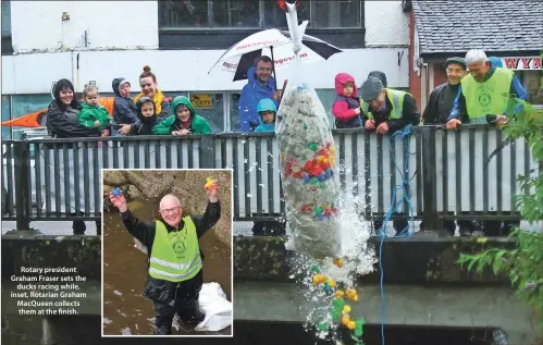  ??  ?? Rotary president Graham Fraser sets the ducks racing while, inset, Rotarian Graham MacQueen collects them at the finish.