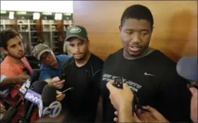  ?? SETH WENIG — ASSOCIATED PRESS ?? In this May 29, 2018, file photo, New York Jets’ Kelvin Beachum, right, and Jermaine Kearse talk to reporters after a practice at the NFL football team’s training camp in Florham Park, N.J.