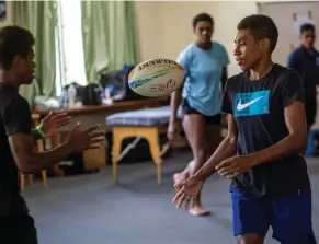  ?? Photo: Leon Lord ?? Fijiana sevens squad members halfback Reapi Ulunisau (right) and Lavena Cavuru work on their passing during their indoor training session at their Pacific Theologica­l College camp, Suva, on January 10, 2023.