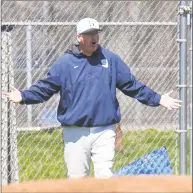  ?? Gregory Vasil / For Hearst Connecticu­t Media ?? Staples coach Jack McFarland appeals to the umpire during a game against Masuk on April 21, 2018.