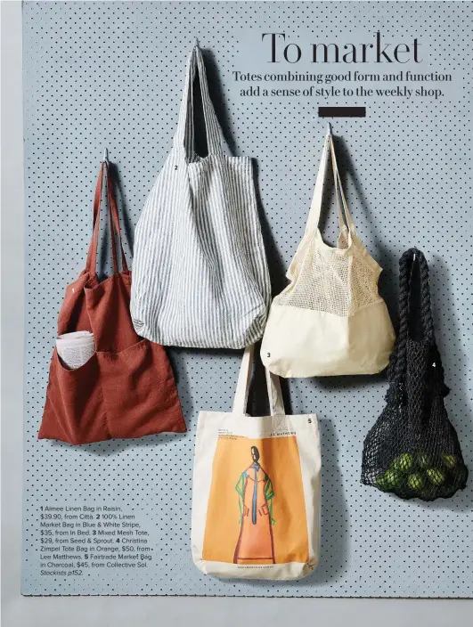  ??  ?? 1 Aimee Linen Bag in Raisin,$39.90, from Città. 2 100% Linen Market Bag in Blue &amp; White Stripe, $35, from In Bed. 3 Mixed Mesh Tote, $29, from Seed &amp; Sprout. 4 Christina Zimpel Tote Bag in Orange, $50, from Lee Matthews. 5 Fairtrade Market Bag in Charcoal, $45, from Collective Sol. Stockists p152.