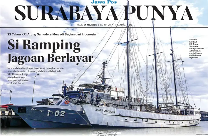  ??  ?? SEDANG SANDAR: KRI Arung Samudera dulunya bernama Adventure. Ia menjadi bagian dari Indonesia sejak 1995.