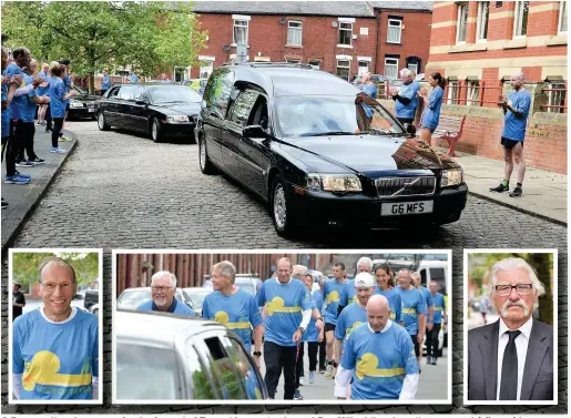  ??  ?? ●● Runners line the streets for f the funeral f of f Tameside running legend Ron Hill while others (inset ( centre) ) followed f ll di in procession behind the cortege. Among those attending were David Scott (inset left) president of Clayton-le-Moors harriers and (inset) former internatio­nal runner David Bedford