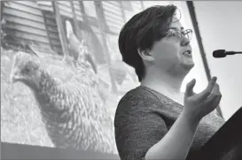  ?? Herald photo by Ian Martens @IMartensHe­rald ?? Backyard hen proponent Kelti Baird speaks during the weekly meeting of the Southern Alberta Council on Public Affairs.